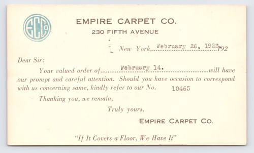 1923 empire carpet postal - 1923, co.
